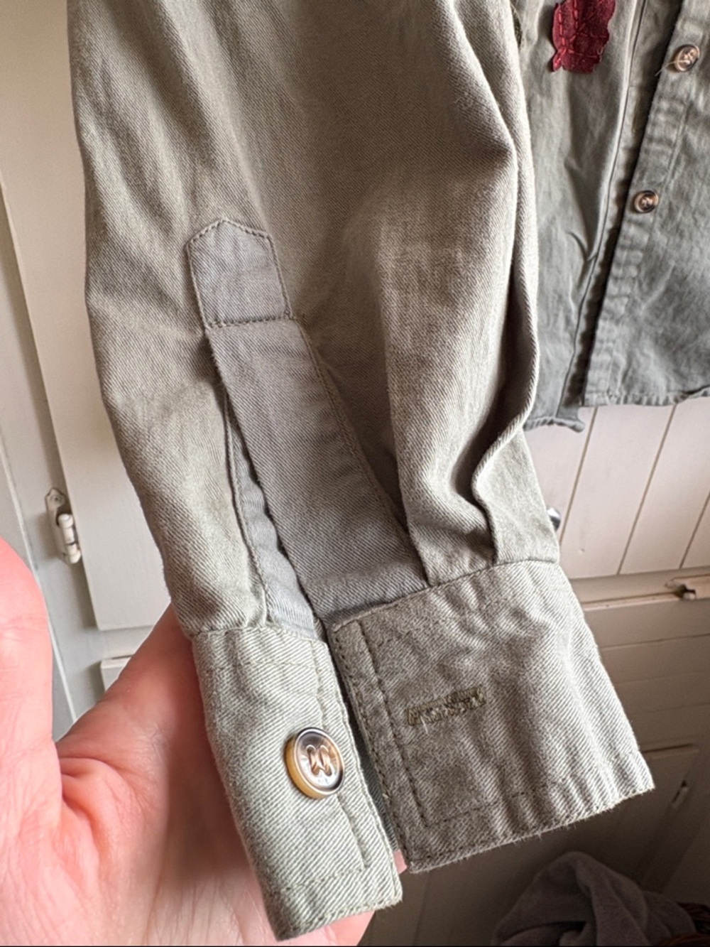 Sage Utility Jacket with Contrast Corduroy Collar and Embroidered Leaves - Picture 4 of 4